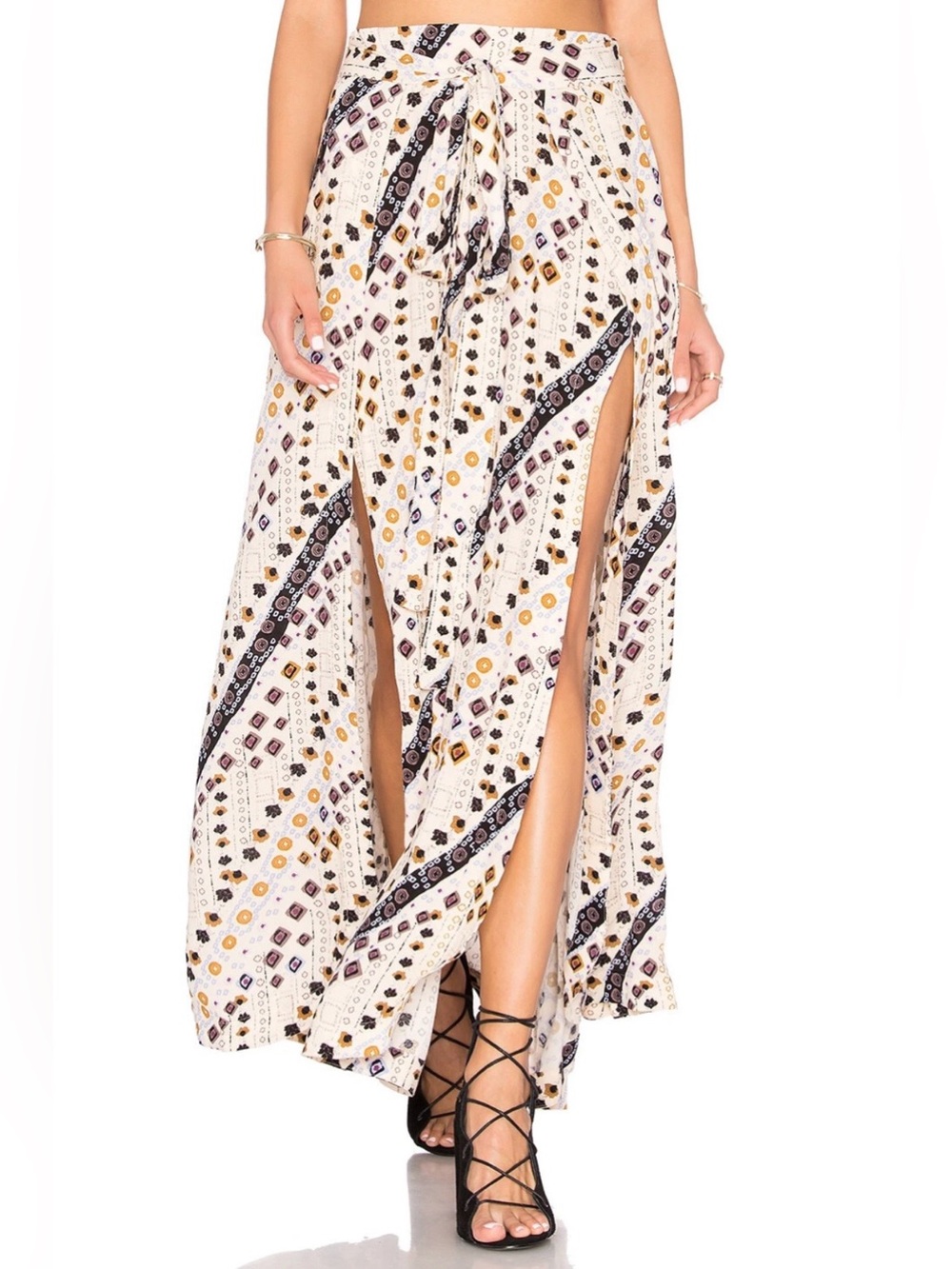 Free People remember me maxi skirt Boho Cream Patterned with Front Slits Sz L